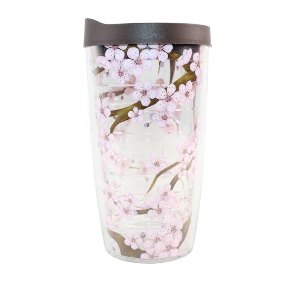 Tervis Tumbler 16oz Brown Lid Pink Cherry Blossoms Floral Retired Pattern Cup - Picture 2 of 9